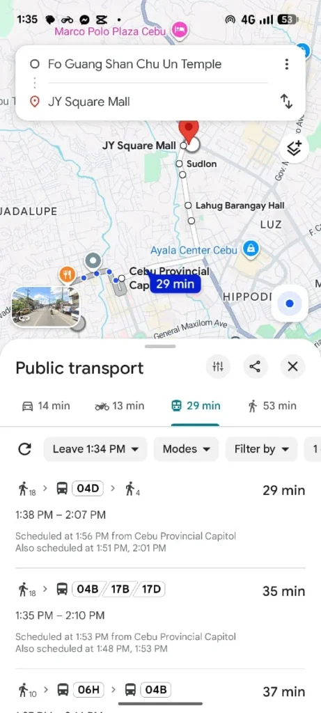Google Maps directions for public transport from Cebu Provincial Capitol to JY Square Mall, showing different bus routes and estimated travel times ranging from 29 to 37 minutes.