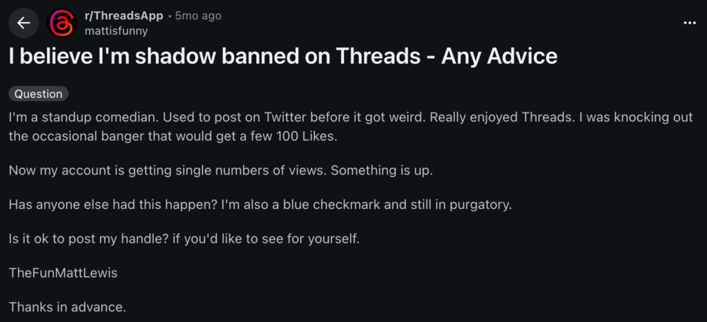 A Reddit post titled "I believe I’m shadow banned on Threads - Any Advice?" details a comedian’s drop in post visibility and asks for help.