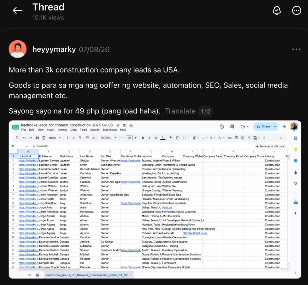 A social media post offers over 3,000 US construction company leads for sale, showing a partial spreadsheet with lead details including company names, contacts, and roles.