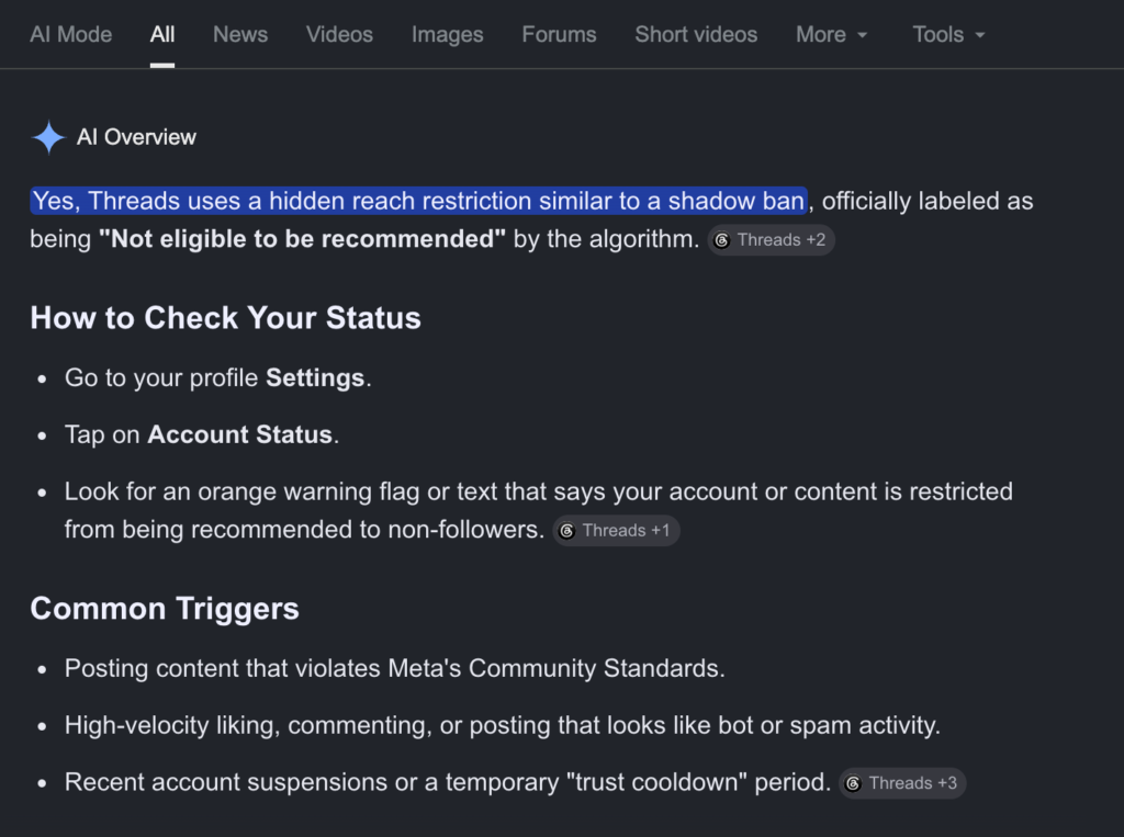 A webpage explains Threads' hidden reach restriction, lists steps to check account status, and outlines common triggers for restrictions, such as guideline violations and high-velocity activity.